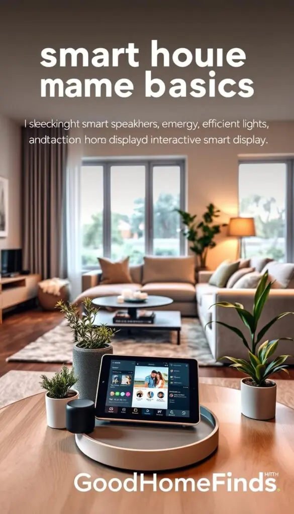 A modern living room showcasing "smart home basics" for family tech helpers, featuring sleek smart speakers, energy-efficient LED lights, and an interactive smart display. In the foreground, a stylish coffee table with a tablet displaying a smart home app, surrounded by potted plants. The middle ground includes an inviting sofa and a cozy rug, while the background displays large windows allowing natural light to stream in, complemented by soft ambient lighting. The atmosphere is warm and welcoming, creating a sense of high-tech comfort. The image should capture a Pinterest-style aesthetic, emphasizing a harmonious blend of technology and family life, with the brand name "GoodHomeFinds" subtly integrated into the decor.