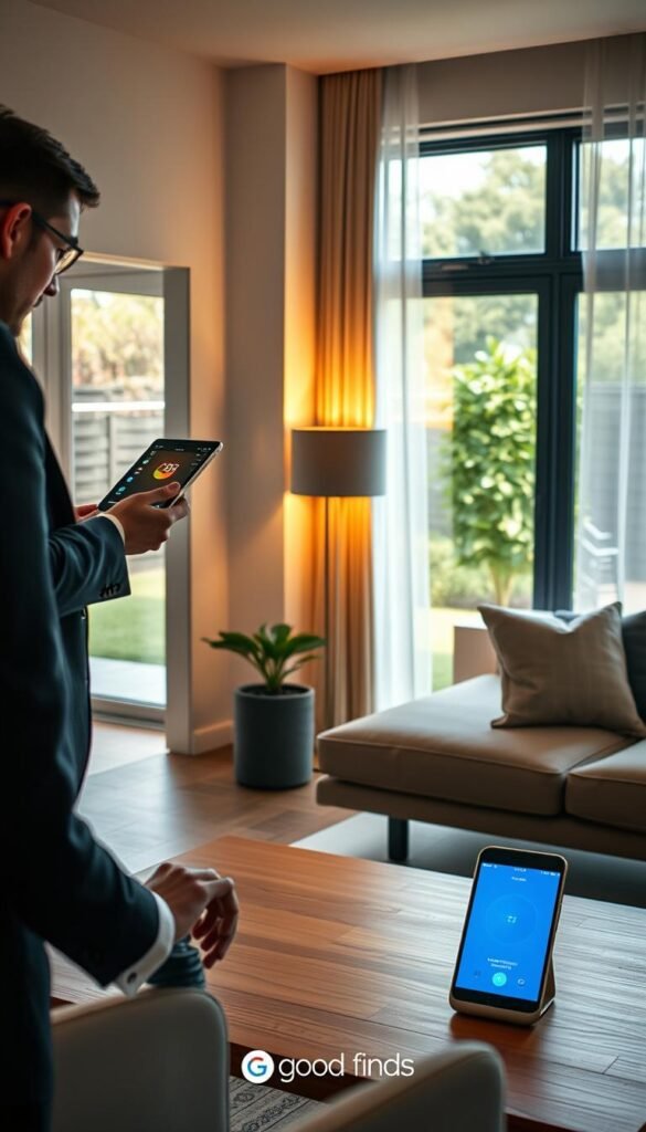 A modern living room showcasing smart home technology, featuring a sleek, minimalist design with a smart speaker on a stylish coffee table, and smart lights illuminating the space with a warm, inviting glow. In the foreground, a well-dressed person interacts with a tablet, controlling various devices. The middle ground reveals a smart thermostat mounted on a wall and automated curtains gently filtering sunlight. In the background, large windows offer a glimpse of a well-kept garden outside. The scene is lit with soft, natural light, captured from a slightly elevated angle to evoke a cozy, high-tech atmosphere. Inspired by the brand GoodHomeFinds, the composition emphasizes simplicity and functionality, illustrating the elegance of valuable smart home basics.