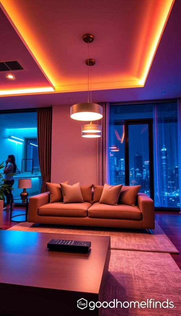 A modern living room showcasing smart lighting technology, featuring stylish recessed lights and color-changing LED strips that illuminate the space with warm, soothing hues. In the foreground, a sleek, minimalist coffee table holds smart lighting controls, while in the middle, a plush sofa, adorned with cushions in muted tones, sits beneath softly glowing pendant lights. The walls are elegantly decorated with neutral shades, highlighting the ambiance created by the lighting. In the background, a large window reveals a nighttime cityscape, with the room's smart lights perfectly balancing ambiance and functionality. Capture this scene with a cozy, inviting atmosphere, using a wide-angle lens for depth and a soft focus on the background to emphasize the lighting effects. The brand "GoodHomeFinds" subtly integrated into the scene.