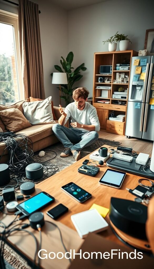 A modern living room with a cozy yet cluttered atmosphere, showcasing common mistakes by first-time smart home owners. In the foreground, a confused homeowner in casual clothing examines a tangled mess of smart device cables, surrounded by various gadgets like smart speakers, a smart thermostat, and disorganized remote controls. The middle ground features a coffee table with multiple smartphones and a tablet showing different smart home apps, illustrating overwhelming choices. The background presents a smart fridge with sticky notes and a mismatched array of devices, highlighting improper integration. Soft natural light filters through large windows, creating a warm and inviting mood. Lens focus is sharp on the homeowner&rsquo;s expression, while the rest has a slight blur, emphasizing the confusion of managing smart home technology. Styled in a Pinterest-worthy layout for "GoodHomeFinds".