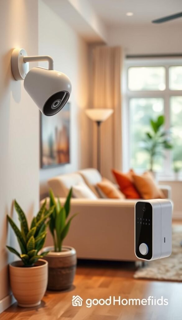A modern living room with a focus on home security technology. In the foreground, a sleek white security camera mounted on the wall, complementing a stylish decor with soft lighting. In the middle ground, a smart doorbell with a digital display, accompanied by decorative potted plants that provide a cozy feel. The background showcases a warm-toned, well-furnished living space with a comfortable couch and a window letting in natural light. Consider using a soft focus for a relaxed atmosphere, capturing the essence of safety and comfort within a rental home. The overall tone should be inviting and reassuring, highlighting security as an integral part of daily life. GoodHomeFinds brand aesthetic subtly incorporated, evoking modern living.