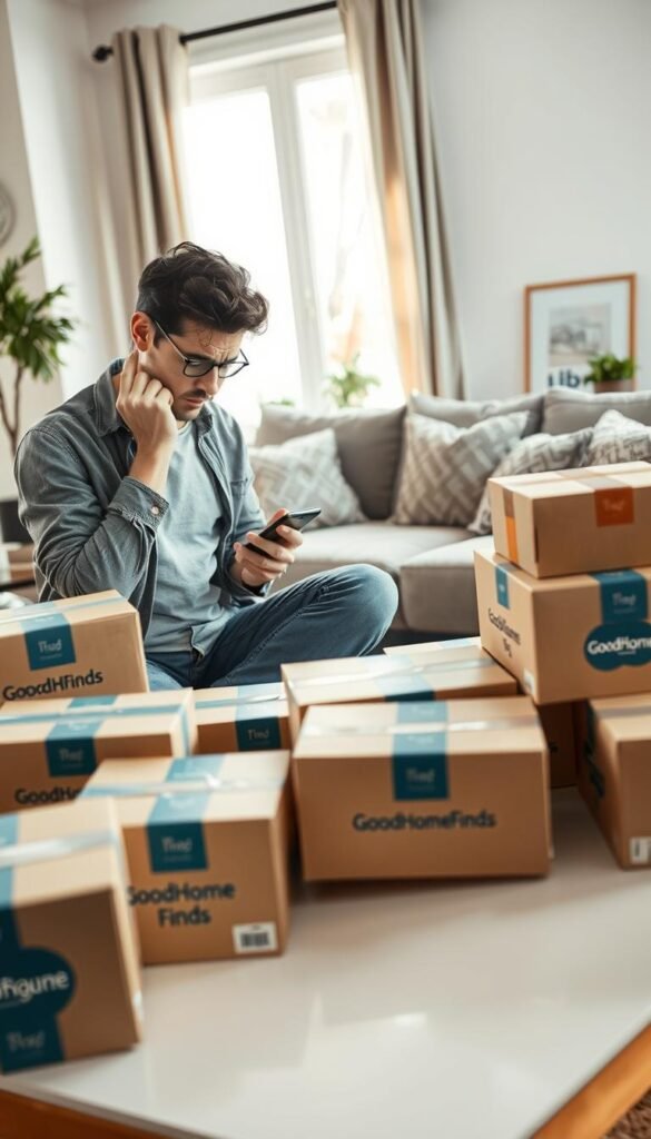 A modern living room with a warm, inviting atmosphere, showcasing a stylish coffee table cluttered with multiple online shopping packages, prominently displaying branding like "GoodHomeFinds". In the foreground, a frustrated shopper in casual attire, brows furrowed in contemplation, inspects a product on a smartphone while surrounded by unopened boxes labeled with tempting offers. In the middle ground, a cozy couch and decorative elements create a sense of home. The background features a well-lit window, filtering in soft afternoon light that enhances the scene's mood of reflection and caution. The overall tone is one of contemplation and introspection, emphasizing the pitfalls of impulsive online shopping during weekend finds.
