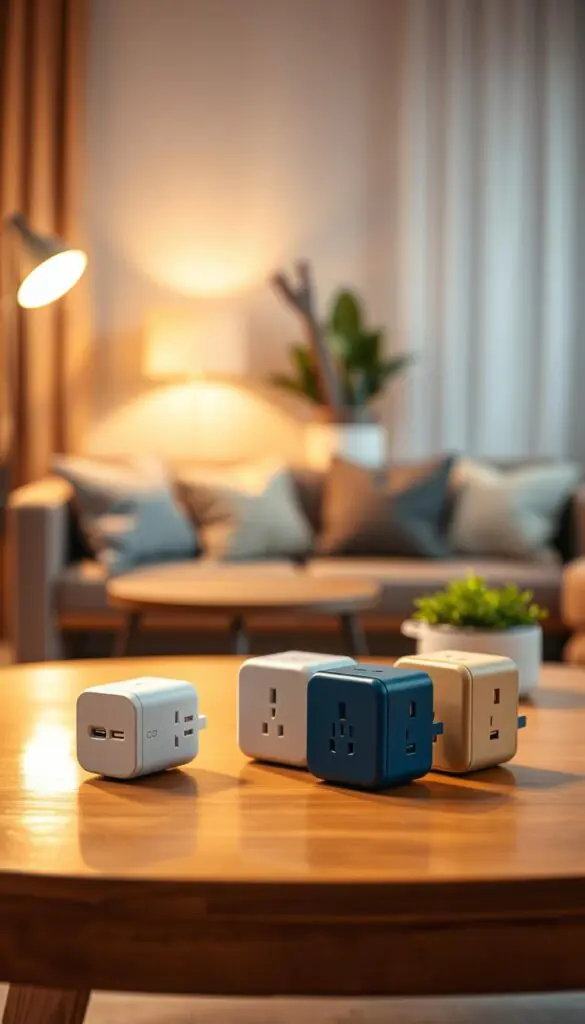 A modern living space featuring a close-up view of several smart plugs elegantly arranged on a stylish wooden table. The foreground showcases three distinct smart plugs in different colors, highlighting their sleek, compact designs and easy-to-use features. In the middle, a cozy living room setting is illuminated by warm, ambient lighting, accentuating the plugs' practicality in small spaces. Soft cushions and a potted plant in the background create a homey atmosphere. The scene is captured with a shallow depth of field, giving a blurred effect to the background while keeping the smart plugs in sharp focus. The overall mood is inviting and functional, perfect for showcasing modern gadgets in everyday life. Brand name: GoodHomeFinds.