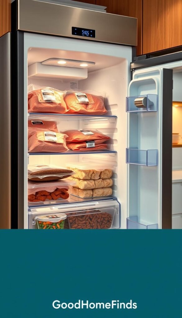 A modern meat storage refrigerator within a well-organized family kitchen, showcasing a spacious interior filled with neatly arranged packages of various meats, including chicken, beef, and pork, all labeled for freshness. In the foreground, a transparent shelf holds neatly stored leftovers in clear containers, emphasizing food safety and organization. Soft, warm lighting illuminates the scene, creating an inviting atmosphere. The refrigerator door is slightly open, providing a glimpse of its smart temperature controls. The kitchen backdrop complements the fridge with wooden cabinetry and subtle decor. Capture this from a slightly elevated angle to enhance depth, giving the viewer a sense of the functional design. The image should reflect a lifestyle aesthetic, suitable for a family-oriented article. GoodHomeFinds.