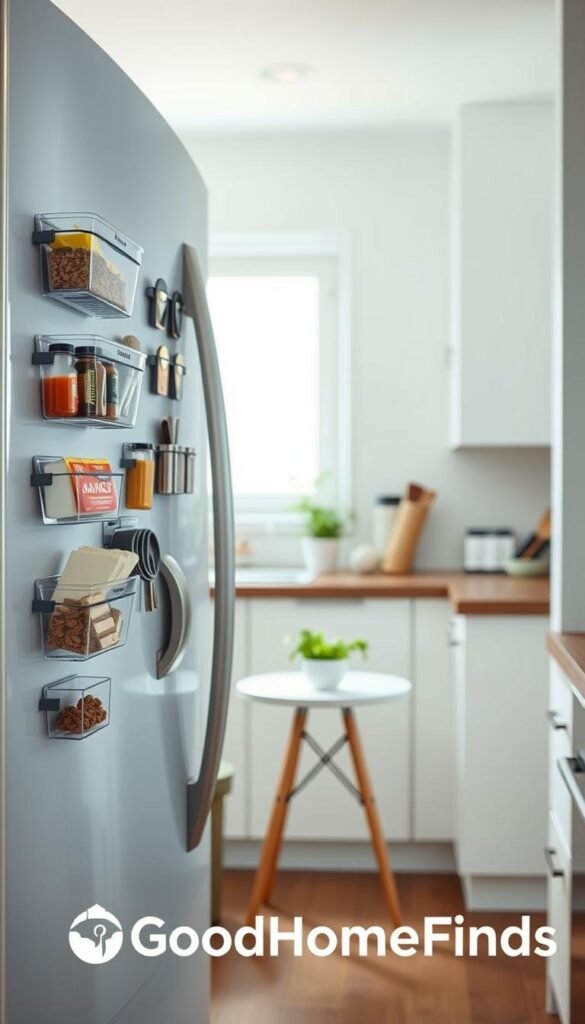 A modern, minimalist kitchen featuring a refrigerator adorned with various fridge magnets in an organized manner, displaying creative storage solutions for renters. In the foreground, clear plastic containers with labels hold kitchen essentials like spices, snacks, and utensils, magnetically attached to the fridge door. The middle ground showcases a bright, well-lit kitchen with a small table and a few potted herbs on it, emphasizing an efficient use of space. The background reveals soft natural light coming through a window, creating a warm and inviting atmosphere. The scene is framed at eye level, capturing a Pinterest-style lifestyle composition. The brand name "GoodHomeFinds" is subtly integrated into the scene without overt branding, enhancing the overall aesthetic while ensuring a clean, clutter-free look.