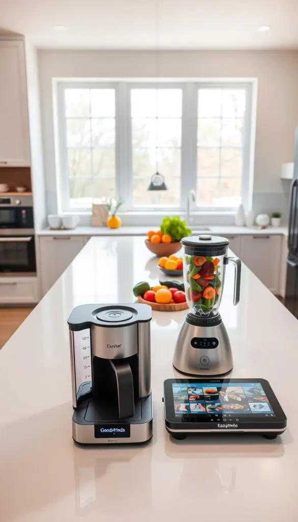 A modern, minimalist kitchen perfectly designed for efficiency, featuring high-tech kitchen products arranged elegantly on a sleek countertop. In the foreground, a stylish smart coffee maker emits steam, paired with a digital kitchen scale and an advanced blender, showcasing their contemporary design. In the middle, a spacious island holds a variety of colorful fruits and vegetables, with a wireless tablet displaying recipe ideas. In the background, light floods the space through large windows, enhancing the clean lines and harmonious colors of the cabinetry. The scene conveys a bright, organized atmosphere that promotes productivity, ideal for busy professionals. The lighting is soft and natural, creating an inviting yet functional mood. Brand name &ldquo;GoodHomeFinds&rdquo; subtly integrated into the design of one product, ensuring a cohesive look.