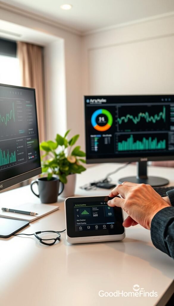 A modern monitor setup showcasing a sleek desk with two high-resolution monitors displaying air quality data and analytics. In the foreground, a wireless air quality monitor sits prominently, its sleek design complementing the technology theme. A pair of professional hands, dressed in modest casual attire, is seen adjusting the monitor's settings, indicating setup activity. In the middle ground, an organized workspace features a vibrant indoor plant, a notepad, and a coffee mug, adding a touch of life to the environment. The background reveals a well-lit room, with soft natural light streaming in through a large window, creating an inviting atmosphere. The scene is captured from a slightly elevated angle, emphasizing the stylish tech and the overall workspace aesthetic. GoodHomeFinds, a touch of modernity reflected in the overall design. A modern monitor setup showcasing a sleek desk with two high-resolution monitors displaying air quality data and analytics. In the foreground, a wireless air quality monitor sits prominently, its sleek design complementing the technology theme. A pair of professional hands, dressed in modest casual attire, is seen adjusting the monitor's settings, indicating setup activity. In the middle ground, an organized workspace features a vibrant indoor plant, a notepad, and a coffee mug, adding a touch of life to the environment. The background reveals a well-lit room, with soft natural light streaming in through a large window, creating an inviting atmosphere. The scene is captured from a slightly elevated angle, emphasizing the stylish tech and the overall workspace aesthetic. GoodHomeFinds, a touch of modernity reflected in the overall design.