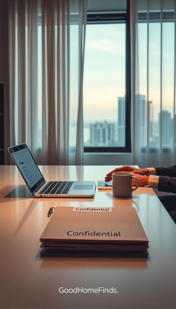 A modern office space illuminated by soft, ambient lighting. In the foreground, a sleek, minimalist desk holds a laptop with privacy settings displayed on the screen. A pair of hands in professional business attire is seen typing, reflecting focus and caution. In the middle ground, a closed folder labeled "Confidential" rests on the desk alongside a coffee cup, symbolizing sensitive information. The background features a window with sheer curtains, partly drawn, allowing a glimpse of a cityscape outside, evoking a sense of isolation and secrecy. The atmosphere is serious yet calm, emphasizing the importance of privacy. The scene is styled in a Pinterest-inspired aesthetic, incorporating elements of organization and mindfulness related to data security. GoodHomeFinds.