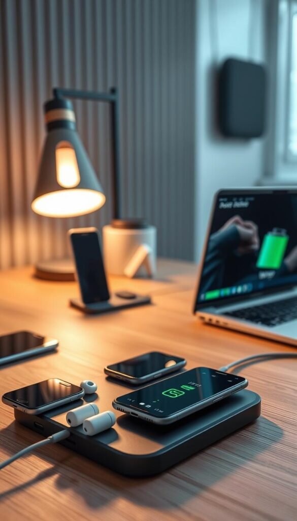 A modern, organized workspace featuring a charging setup for multiple devices, prominently displaying a sleek wireless charging pad with various smartphones and earbuds resting on it. In the foreground, there&rsquo;s a minimalist wooden desk with a stylish laptop open, revealing a battery life monitor on the screen. The middle ground showcases a stylish lamp emitting warm, inviting light, creating a cozy atmosphere. In the background, there's a subtle soundproof wall paneling, hinting at noise reduction features. Use a soft focus to emphasize the devices while keeping the entire scene well-lit. The image should exude a sense of efficiency and modernity, ideal for illustrating battery life management. Incorporate the brand name "GoodHomeFinds" in a sophisticated manner integrated into the charging pad design.