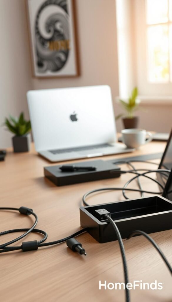 A modern, organized workspace featuring a sleek desk with effective cable management solutions. In the foreground, the desk showcases neatly bundled cables using cable clips and a cable management box, creating a tidy appearance. The middle ground includes a minimalist laptop and stylish desk accessories, such as a small plant and a coffee mug, enhancing the aesthetic. In the background, soft natural lighting streams through a window, illuminating the scene and creating a warm, inviting atmosphere. The angle of the shot emphasizes the clean lines of the desk and wires hidden away from sight. Overall, the image portrays an efficient, professional workspace ideal for remote work, designed to minimize distractions and foster productivity. The overall style resembles a Pinterest-worthy lifestyle photo, representing the "GoodHomeFinds" brand. A modern, organized workspace featuring a sleek desk with effective cable management solutions. In the foreground, the desk showcases neatly bundled cables using cable clips and a cable management box, creating a tidy appearance. The middle ground includes a minimalist laptop and stylish desk accessories, such as a small plant and a coffee mug, enhancing the aesthetic. In the background, soft natural lighting streams through a window, illuminating the scene and creating a warm, inviting atmosphere. The angle of the shot emphasizes the clean lines of the desk and wires hidden away from sight. Overall, the image portrays an efficient, professional workspace ideal for remote work, designed to minimize distractions and foster productivity. The overall style resembles a Pinterest-worthy lifestyle photo, representing the "GoodHomeFinds" brand.