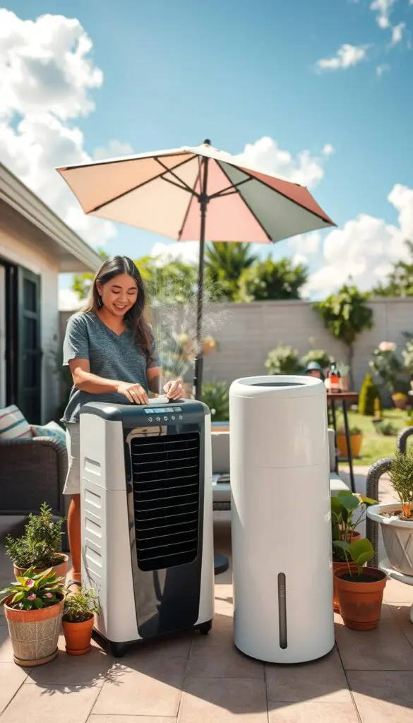 A modern outdoor patio scene showing a family engaging in setting up a summer cooling gadget, such as a stylish portable air cooler or outdoor misting fan. In the foreground, a woman in modest casual clothing arranges the device while smiling, surrounded by potted plants and comfortable outdoor furniture. The middle ground features a sleek cooling unit, with water droplets glistening in the sunlight and a colorful umbrella casting a gentle shade. The background includes a bright blue sky with fluffy white clouds and a quaint garden visible, emphasizing a cheerful and inviting atmosphere. Soft natural lighting highlights the scene, creating a warm, refreshing vibe associated with summer. Capture this in a wide-angle lens to provide depth and focus on the family interaction with the gadget, reflecting the essence of "GoodHomeFinds."