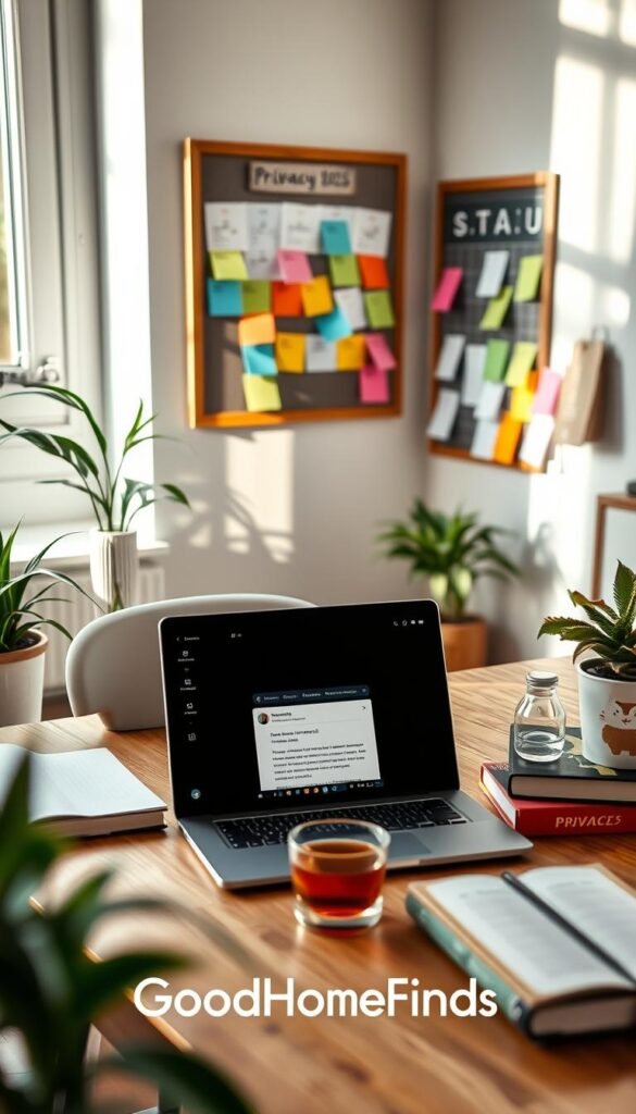 A modern, privacy-focused email setup in a cozy home office space. In the foreground, a sleek laptop displays an email interface, surrounded by a notepad and privacy-themed books. The middle ground features a stylish desk with plants and a cup of herbal tea, conveying a calming environment. The background has soft natural light filtering through a window, casting gentle shadows. A bulletin board on the wall displays colorful calendar notes and reminders without revealing personal details. The atmosphere is serene and secure, reflecting a sense of organization and privacy. The image should evoke a Pinterest-style aesthetic, emphasizing thoughtful design. The brand name "GoodHomeFinds" should be subtly integrated into the scene with decor elements.