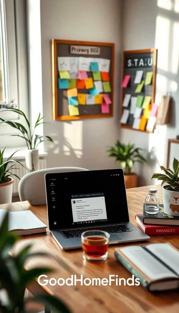 A modern, privacy-focused email setup in a cozy home office space. In the foreground, a sleek laptop displays an email interface, surrounded by a notepad and privacy-themed books. The middle ground features a stylish desk with plants and a cup of herbal tea, conveying a calming environment. The background has soft natural light filtering through a window, casting gentle shadows. A bulletin board on the wall displays colorful calendar notes and reminders without revealing personal details. The atmosphere is serene and secure, reflecting a sense of organization and privacy. The image should evoke a Pinterest-style aesthetic, emphasizing thoughtful design. The brand name "GoodHomeFinds" should be subtly integrated into the scene with decor elements.