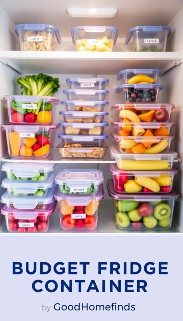 A modern refrigerator interior showcasing an organized selection of budget fridge containers by GoodHomeFinds. In the foreground, several clear, stackable plastic containers filled with vibrant, fresh fruits, vegetables, and leftovers, each labeled for easy identification. The middle ground features a neatly arranged array of diverse container sizes, showcasing their various shapes and practicality. The background includes the fridge&rsquo;s shelves, with soft, natural lighting illuminating the scene, highlighting the transparent containers and their contents to emphasize organization and accessibility. The overall mood is clean, bright, and inviting, ideal for families looking to maximize fridge space on a budget. Capture this from a slight angle to provide depth, creating a Pinterest-style lifestyle aesthetic.