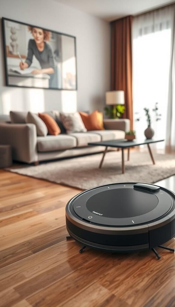 A modern robot vacuum cleaner designed with sleek, streamlined features, positioned in a contemporary apartment living room. In the foreground, the vacuum is actively cleaning a stylish hardwood floor, showcasing its compact size, various sensor lights glowing softly. In the middle ground, there are tastefully arranged furniture pieces, including a cozy sofa adorned with decorative pillows and a stylish coffee table with a plant. The background features a bright, airy window with sheer curtains, allowing natural light to flood the space, creating a warm and inviting atmosphere. The room is clean and clutter-free, emphasizing the gadget's efficiency and suitability for apartment living. High resolution, vibrant colors, soft lighting for a Pinterest-inspired lifestyle photography style. GoodHomeFinds.