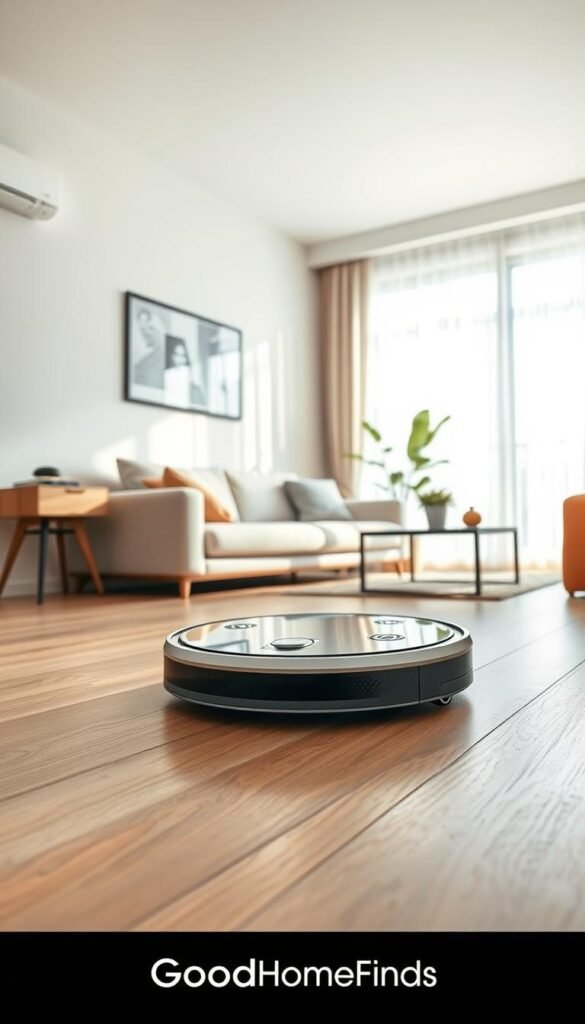 A modern robot vacuum cleaner gliding effortlessly across a sleek, minimalist apartment floor. The foreground showcases the vacuum with a shiny, futuristic design featuring a soft, curved surface, highlighting its sensors and clean lines. In the middle, a tidy living space is adorned with stylish furniture, including a cozy sofa and a coffee table, enhancing the sense of a small yet efficient environment. The background reveals a sunlit window with sheer curtains, casting a warm glow across the room and creating an inviting atmosphere. A subtle touch of greenery, like a potted plant, adds life to the scene. The image is captured with a wide-angle lens, accentuating the spaciousness of the apartment, evoking a feeling of comfort and convenience. GoodHomeFinds branding subtly integrated into the design. A modern robot vacuum cleaner gliding effortlessly across a sleek, minimalist apartment floor. The foreground showcases the vacuum with a shiny, futuristic design featuring a soft, curved surface, highlighting its sensors and clean lines. In the middle, a tidy living space is adorned with stylish furniture, including a cozy sofa and a coffee table, enhancing the sense of a small yet efficient environment. The background reveals a sunlit window with sheer curtains, casting a warm glow across the room and creating an inviting atmosphere. A subtle touch of greenery, like a potted plant, adds life to the scene. The image is captured with a wide-angle lens, accentuating the spaciousness of the apartment, evoking a feeling of comfort and convenience. GoodHomeFinds branding subtly integrated into the design.