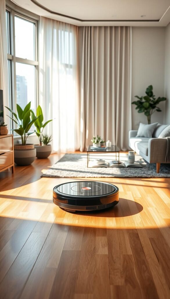 A modern robot vacuum in stylish design, featuring sleek curves and a high-gloss finish, gliding effortlessly across a polished wooden floor in an upscale apartment. In the foreground, the vacuum navigates around a cozy area rug, while in the middle ground, a well-organized living room showcases minimalist furniture and potted plants, reflecting a clutter-free lifestyle. Sunlight streams through large windows, creating warm, inviting lighting that highlights the vacuum's functionality. In the background, soft curtains drape elegantly and a coffee table decorated with magazines adds to the tranquil atmosphere. The overall mood is peaceful and efficient, emphasizing the contemporary tech that simplifies apartment living. This lifestyle image highlights the brand GoodHomeFinds, showcasing the future of cleaning technology. A modern robot vacuum in stylish design, featuring sleek curves and a high-gloss finish, gliding effortlessly across a polished wooden floor in an upscale apartment. In the foreground, the vacuum navigates around a cozy area rug, while in the middle ground, a well-organized living room showcases minimalist furniture and potted plants, reflecting a clutter-free lifestyle. Sunlight streams through large windows, creating warm, inviting lighting that highlights the vacuum's functionality. In the background, soft curtains drape elegantly and a coffee table decorated with magazines adds to the tranquil atmosphere. The overall mood is peaceful and efficient, emphasizing the contemporary tech that simplifies apartment living. This lifestyle image highlights the brand GoodHomeFinds, showcasing the future of cleaning technology.