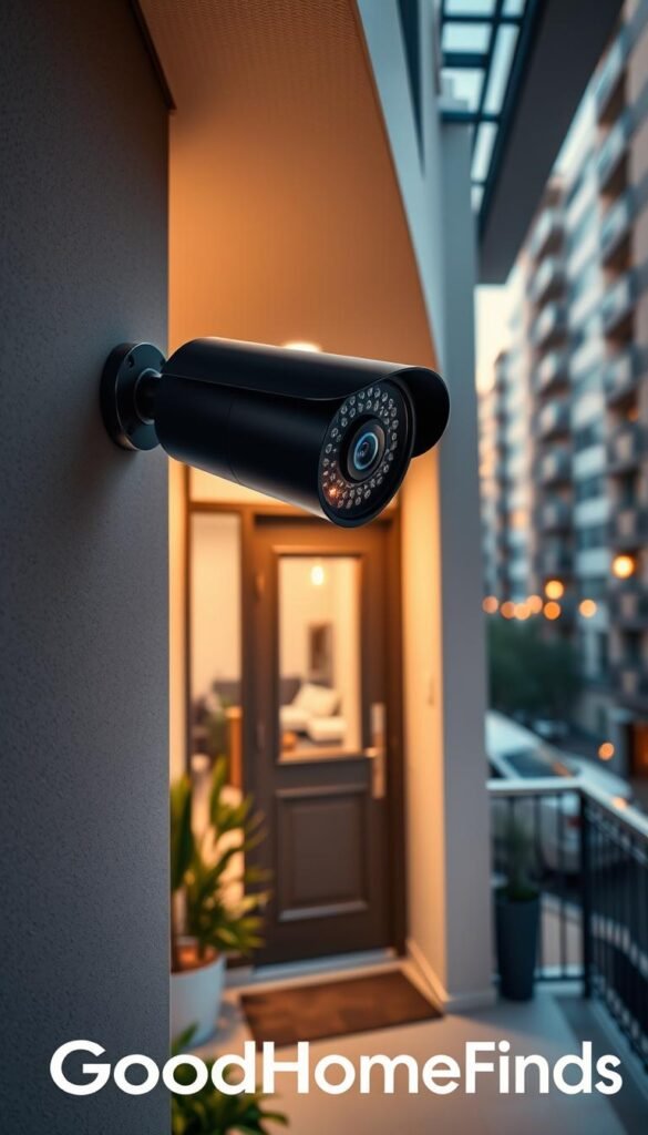 A modern security camera mounted discreetly on the exterior wall of a stylish apartment entrance. In the foreground, the sleek black camera features a rotating lens, capturing a wide-angle view of the well-lit doorway adorned with potted plants and contemporary decor. The middle ground showcases the entrance, with a sturdy front door and a smart lock, emphasizing home security. In the background, a soft evening glow illuminates the urban setting, revealing neighboring buildings under a clear sky. The composition conveys a sense of safety and modern living, with warm, inviting lighting and a slight bokeh effect enhancing the focus on the security camera. This image aligns with the brand "GoodHomeFinds."