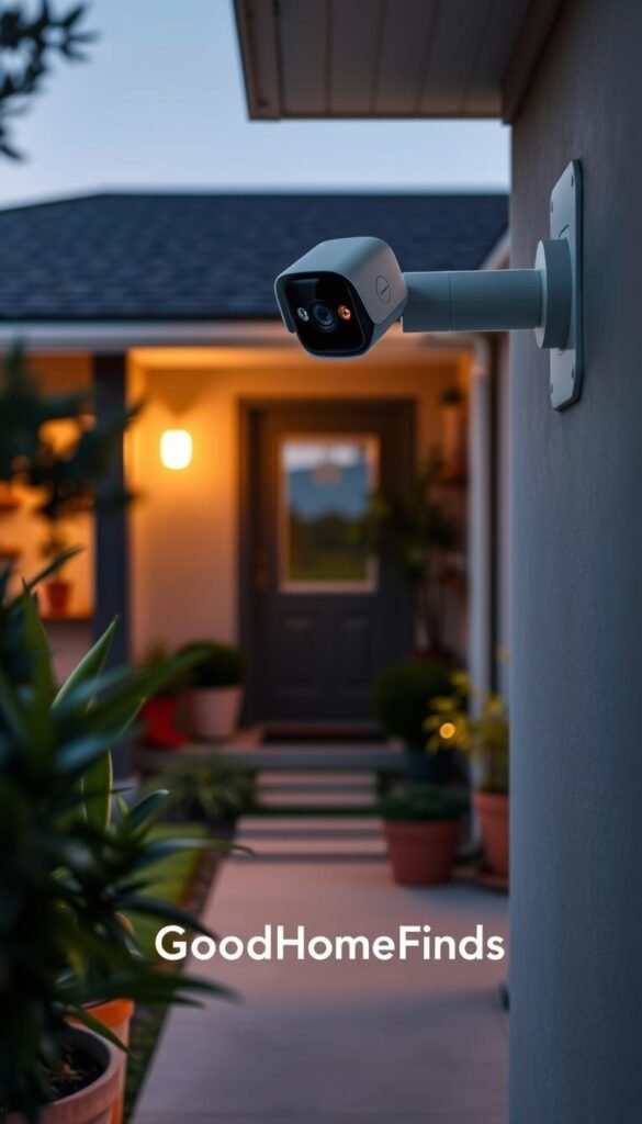 A modern security camera mounted on the exterior wall of a cozy, well-lit home, capturing the essence of safety without being intrusive. The camera has a sleek, minimalist design, blending seamlessly with the home's architecture. In the foreground, there are well-maintained potted plants framing the camera, enhancing the inviting atmosphere. The middle ground showcases a neatly landscaped yard with a charming pathway leading to the front door, illuminated by soft, warm lighting during twilight. The background includes a subtle hint of the neighborhood, highlighting a serene and safe environment. The overall mood is calm and reassuring, conveying the idea of practical home security. Include the brand "GoodHomeFinds" subtly integrated into the scene, ensuring it appears organic and natural.