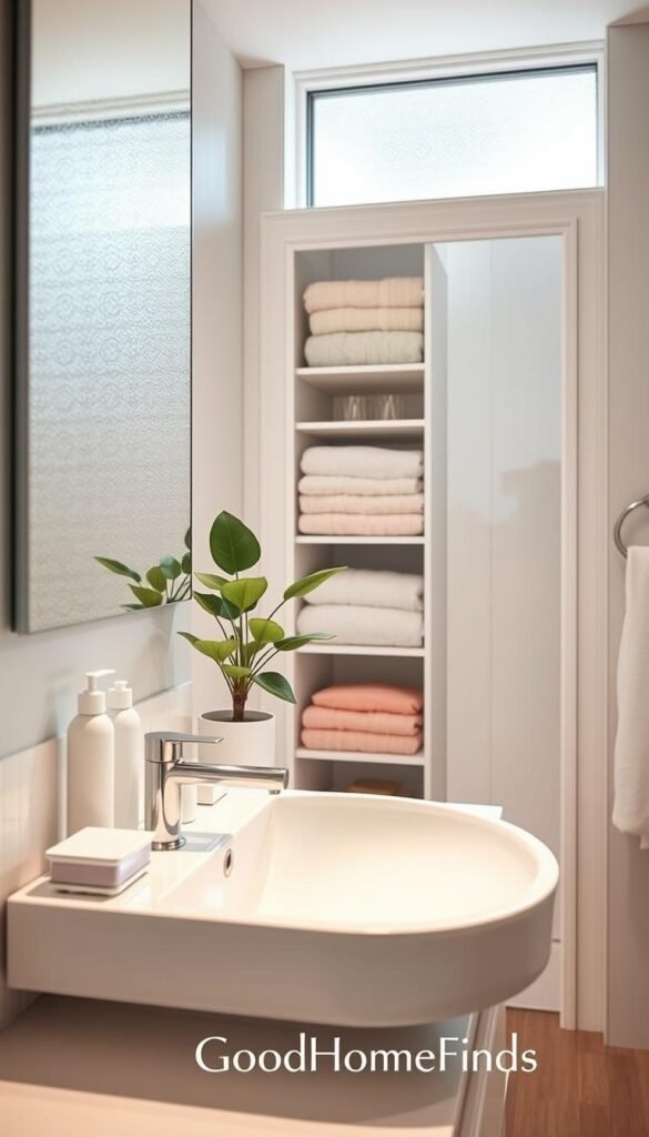 A modern, serene bathroom interior designed for optimal organization and minimal counter clutter. In the foreground, a pristine white sink is complemented by a sleek mirror, showcasing neatly arranged toiletries in elegant containers. The middle ground features a well-organized linen closet with soft, fluffy towels stacked in pastel colors. A stylish plant adds a touch of greenery, enhancing the tranquil ambiance. In the background, light streams in from a frosted window, creating a warm, inviting glow. The scene is captured with a soft focus lens to evoke a Pinterest-worthy aesthetic, highlighting a sense of calm and tidiness. The overall mood is peaceful and refreshing, ideal for a tidy living space. The image should reflect a sophisticated lifestyle, emphasizing the brand "GoodHomeFinds."