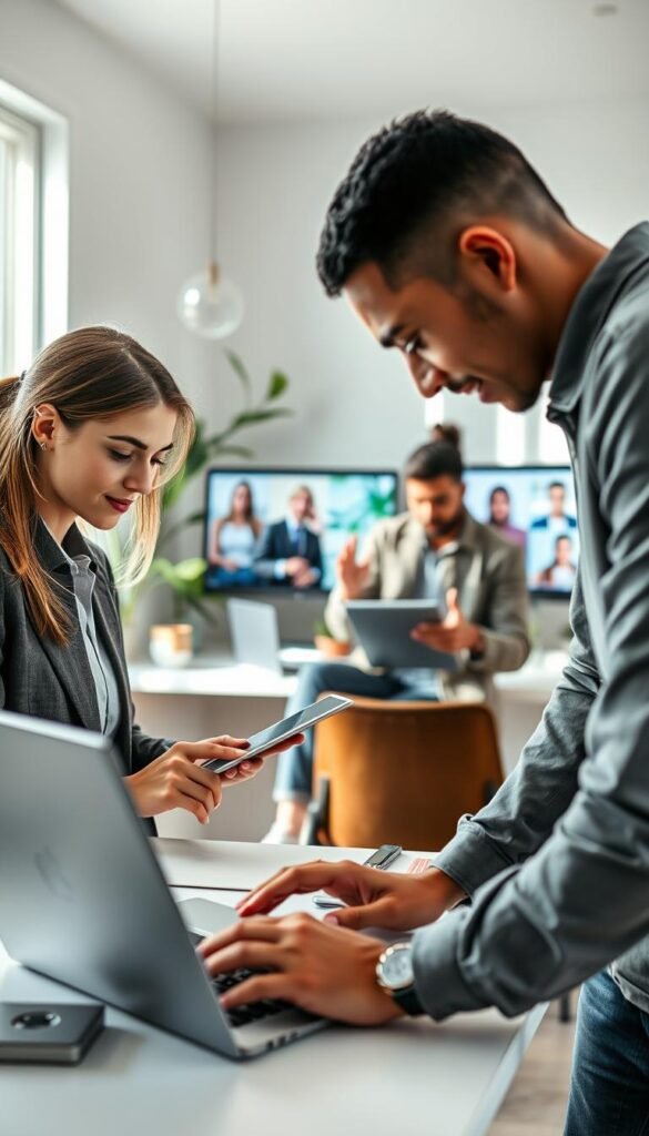 A modern, serene workspace featuring a diverse group of professionals engaged with various work devices. In the foreground, a focused woman in smart casual attire types on a sleek laptop, while a man beside her leans over a tablet, both illuminated by soft, natural light streaming through a nearby window. In the middle ground, another person is on a video call, gesturing animatedly to a screen displaying collaborative tools. The background shows minimalist decor with houseplants and a light color palette, creating a calming atmosphere that promotes productivity. The space reflects a bright, inspiring vibe, suitable for a tech-savvy and dynamic work environment. Capture this in high resolution, using a 50mm lens to add depth and clarity, perfectly showcasing the essence of contemporary work routines in the style of GoodHomeFinds.