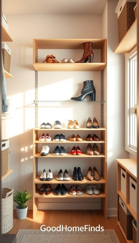 A modern shoe rack designed to maximize space efficiency within a stylish closet. The shoe rack features a sleek, multi-tiered design made of light wood, elegantly displaying various pairs of shoes, including sneakers, heels, and loafers. In the foreground, a pair of trendy sandals and a polished leather boot gracefully sit on the top tier. The middle of the image showcases the rack against a neutral-colored wall, surrounded by organized space-saving elements like baskets and storage boxes. Soft, warm lighting creates an inviting atmosphere, with sunlight gently filtering through a nearby window. The angle captures the rack head-on to emphasize its practicality. A touch of greenery, like a small potted plant, adds freshness to the scene. Perfect for inspiring smart closet ideas. Incorporates branding by GoodHomeFinds.