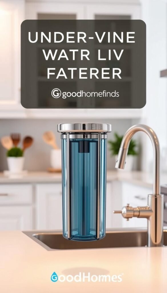 A modern, sleek Hydroviv under-sink water filter prominently displayed in a stylish, minimalist kitchen. In the foreground, the filter’s chrome finish gleams under soft, warm lighting, showcasing its intricate design and user-friendly features. The middle ground features a stylish, minimalist sink area with a clean, organized countertop, accented by a few kitchen utensils and a potted plant for a touch of greenery. In the background, softly blurred cabinets and white walls create a serene, inviting atmosphere. The image captures a light and airy mood, emphasizing the aesthetic appeal and practicality of the Hydroviv water filter. The brand name “GoodHomeFinds” subtly incorporated into the scene, ensuring a homey yet professional vibe. A modern, sleek Hydroviv under-sink water filter prominently displayed in a stylish, minimalist kitchen. In the foreground, the filter’s chrome finish gleams under soft, warm lighting, showcasing its intricate design and user-friendly features. The middle ground features a stylish, minimalist sink area with a clean, organized countertop, accented by a few kitchen utensils and a potted plant for a touch of greenery. In the background, softly blurred cabinets and white walls create a serene, inviting atmosphere. The image captures a light and airy mood, emphasizing the aesthetic appeal and practicality of the Hydroviv water filter. The brand name “GoodHomeFinds” subtly incorporated into the scene, ensuring a homey yet professional vibe.