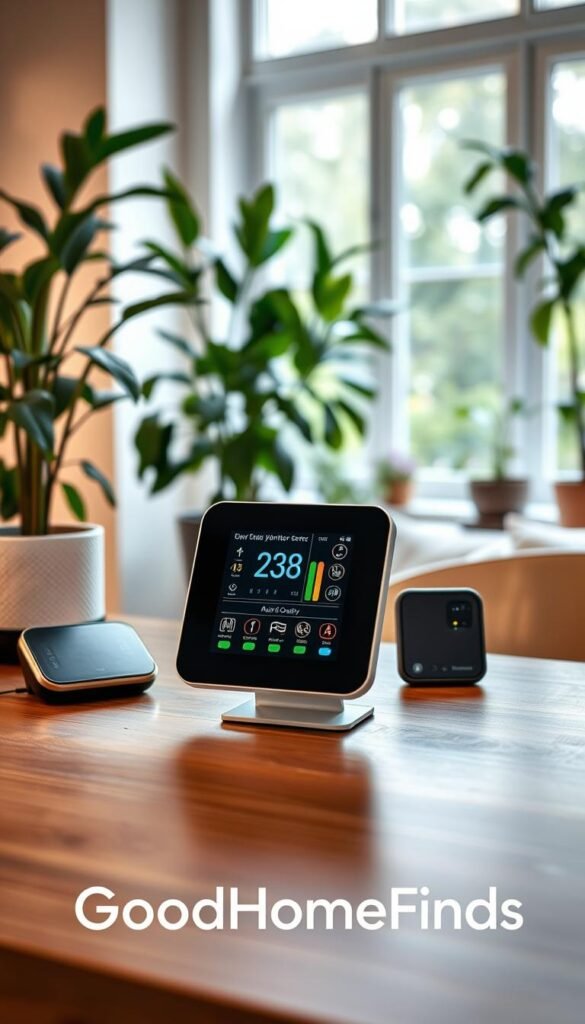 A modern, sleek air quality monitor sensor setup displayed prominently on a stylish wooden desk as the foreground. The sensor features a digital screen showcasing real-time air quality readings with various colorful indicators. In the middle ground, there are additional gadgets like a portable air quality meter and a potted plant, emphasizing a healthy indoor environment. The background reveals a softly lit room filled with greenery, large windows allowing natural light to fill the space, creating an inviting atmosphere. The overall mood is serene and informative, hinting at modern technology's role in enhancing well-being. The composition is captured with a warm filter, suggesting a cozy home setting, emphasizing the importance of air quality in lifestyle choices. The branding "GoodHomeFinds" is subtly integrated into the scene without text. A modern, sleek air quality monitor sensor setup displayed prominently on a stylish wooden desk as the foreground. The sensor features a digital screen showcasing real-time air quality readings with various colorful indicators. In the middle ground, there are additional gadgets like a portable air quality meter and a potted plant, emphasizing a healthy indoor environment. The background reveals a softly lit room filled with greenery, large windows allowing natural light to fill the space, creating an inviting atmosphere. The overall mood is serene and informative, hinting at modern technology's role in enhancing well-being. The composition is captured with a warm filter, suggesting a cozy home setting, emphasizing the importance of air quality in lifestyle choices. The branding "GoodHomeFinds" is subtly integrated into the scene without text.