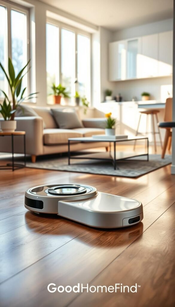 A modern, sleek robot mop gliding effortlessly over a polished wooden floor in a small, stylish apartment. In the foreground, the robot is detailed with a shiny surface and soft curves, showcasing its efficiency. In the middle, the room features contemporary furniture, including a plush sofa, a minimalistic coffee table, and potted plants to add a touch of greenery. The background showcases a bright kitchen with sunlight streaming through large windows, illuminating the space and creating a warm atmosphere. The scene is captured from a low angle to emphasize the robot&rsquo;s movement, and the overall mood is one of tranquility and smart living. This image embodies the essence of practical and stylish gadgets, branded with "GoodHomeFinds."
