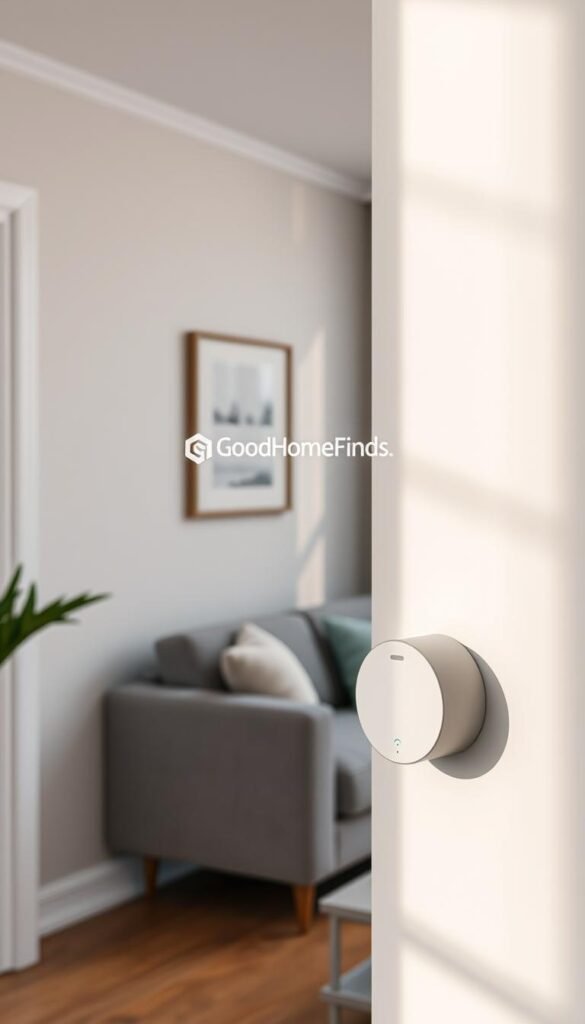 A modern, sleek smoke sensor device mounted on a white wall in a stylish apartment setting, with soft, natural lighting casting gentle shadows. In the foreground, the smoke sensor is clearly visible, showcasing its minimalist design featuring a circular shape and an LED status indicator. The middle ground includes a cozy living room scene with a tasteful gray sofa, decorative pillows, and a small coffee table, enhancing the appeal of safety technology in a home environment. The background showcases a window with sheer curtains and potted plants, adding warmth to the space. Create a Pinterest-style lifestyle photo that portrays security and sophistication, incorporating the brand name "GoodHomeFinds" subtly in the scene. The atmosphere should feel safe, inviting, and stylish, perfect for renters considering safety upgrades. A modern, sleek smoke sensor device mounted on a white wall in a stylish apartment setting, with soft, natural lighting casting gentle shadows. In the foreground, the smoke sensor is clearly visible, showcasing its minimalist design featuring a circular shape and an LED status indicator. The middle ground includes a cozy living room scene with a tasteful gray sofa, decorative pillows, and a small coffee table, enhancing the appeal of safety technology in a home environment. The background showcases a window with sheer curtains and potted plants, adding warmth to the space. Create a Pinterest-style lifestyle photo that portrays security and sophistication, incorporating the brand name "GoodHomeFinds" subtly in the scene. The atmosphere should feel safe, inviting, and stylish, perfect for renters considering safety upgrades.