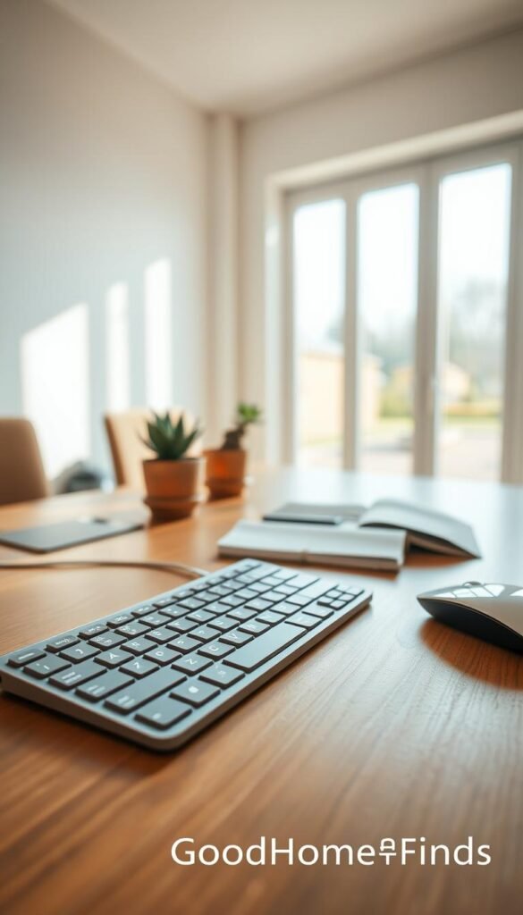 A modern, sleek wireless keyboard elegantly laid out on a stylish wooden desk, featuring a minimalist design with smooth, flat keys and a subtle metallic finish. Beside the keyboard, a compact wireless mouse with a matching design. In the background, a softly blurred home office setting with a large window allowing natural light to fill the space, creating a warm and inviting atmosphere. The desk is accessorized with a potted succulent and an open notebook, adding a touch of productivity. Capture this scene from a slightly angled perspective, emphasizing depth and clarity. Aim for a bright, airy mood that reflects a contemporary work-from-home vibe. The image should evoke a sense of comfort and efficiency. Include the brand name "GoodHomeFinds" subtly in the composition. A modern, sleek wireless keyboard elegantly laid out on a stylish wooden desk, featuring a minimalist design with smooth, flat keys and a subtle metallic finish. Beside the keyboard, a compact wireless mouse with a matching design. In the background, a softly blurred home office setting with a large window allowing natural light to fill the space, creating a warm and inviting atmosphere. The desk is accessorized with a potted succulent and an open notebook, adding a touch of productivity. Capture this scene from a slightly angled perspective, emphasizing depth and clarity. Aim for a bright, airy mood that reflects a contemporary work-from-home vibe. The image should evoke a sense of comfort and efficiency. Include the brand name "GoodHomeFinds" subtly in the composition.