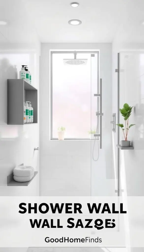 A modern small bathroom featuring an efficient shower wall storage system designed for tight spaces. In the foreground, sleek, modular shelving units with neatly organized shower products like shampoo bottles, loofahs, and eco-friendly soap dispensers. The middle ground showcases a clear glass shower stall with a rainfall showerhead, surrounded by elegant white tiles and light grey grout. Soft, diffused natural light streams in from a frosted window, creating a calm atmosphere. In the background, subtle hints of indoor plants add a touch of greenery, enhancing the serene vibe. The overall style is minimalist and chic, embodying the essence of GoodHomeFinds with a Pinterest-worthy lifestyle aesthetic. A modern small bathroom featuring an efficient shower wall storage system designed for tight spaces. In the foreground, sleek, modular shelving units with neatly organized shower products like shampoo bottles, loofahs, and eco-friendly soap dispensers. The middle ground showcases a clear glass shower stall with a rainfall showerhead, surrounded by elegant white tiles and light grey grout. Soft, diffused natural light streams in from a frosted window, creating a calm atmosphere. In the background, subtle hints of indoor plants add a touch of greenery, enhancing the serene vibe. The overall style is minimalist and chic, embodying the essence of GoodHomeFinds with a Pinterest-worthy lifestyle aesthetic.