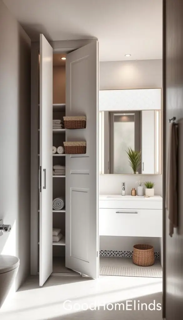 A modern small bathroom featuring an innovative door storage system, designed to maximize space. In the foreground, a sleek, white door opens to reveal neatly organized shelves, showcasing toiletries, towels, and stylish baskets. The middle ground displays a minimalist vanity and a large mirror, reflecting natural light filtering in from a frosted window. Soft, warm lighting creates a cozy atmosphere. The background includes subtle hints of decor, such as potted plants and decorative tiles, enhancing the overall aesthetic. The image captures the functionality and elegance of compact living spaces, embodying the essence of smart storage solutions. Brand name "GoodHomeFinds" should be subtly indicated in the scene. A modern small bathroom featuring an innovative door storage system, designed to maximize space. In the foreground, a sleek, white door opens to reveal neatly organized shelves, showcasing toiletries, towels, and stylish baskets. The middle ground displays a minimalist vanity and a large mirror, reflecting natural light filtering in from a frosted window. Soft, warm lighting creates a cozy atmosphere. The background includes subtle hints of decor, such as potted plants and decorative tiles, enhancing the overall aesthetic. The image captures the functionality and elegance of compact living spaces, embodying the essence of smart storage solutions. Brand name "GoodHomeFinds" should be subtly indicated in the scene.