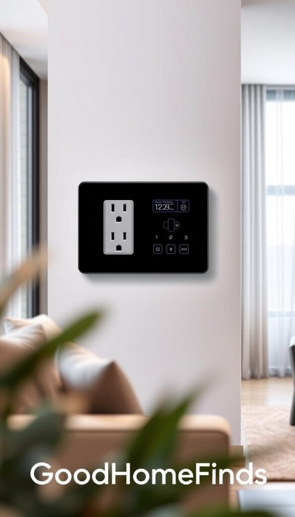 A modern small home interior scene featuring a stylish energy outlet control panel on a sleek wall, surrounded by minimalist decor. In the foreground, there's a soft-focus view of a cozy living space with a modular sofa and decorative pillows, providing a warm and inviting atmosphere. The middle ground showcases the energy outlet control panel with touch screen and smart home integration, illuminated by gentle, ambient lighting that highlights its modern design. In the background, large windows allow natural light to pour in, framed by light curtains, creating a fresh and airy feel. The overall mood is contemporary and practical. Capture the essence of smart technology with the brand name "GoodHomeFinds" subtly integrated into the design elements. A modern small home interior scene featuring a stylish energy outlet control panel on a sleek wall, surrounded by minimalist decor. In the foreground, there's a soft-focus view of a cozy living space with a modular sofa and decorative pillows, providing a warm and inviting atmosphere. The middle ground showcases the energy outlet control panel with touch screen and smart home integration, illuminated by gentle, ambient lighting that highlights its modern design. In the background, large windows allow natural light to pour in, framed by light curtains, creating a fresh and airy feel. The overall mood is contemporary and practical. Capture the essence of smart technology with the brand name "GoodHomeFinds" subtly integrated into the design elements.