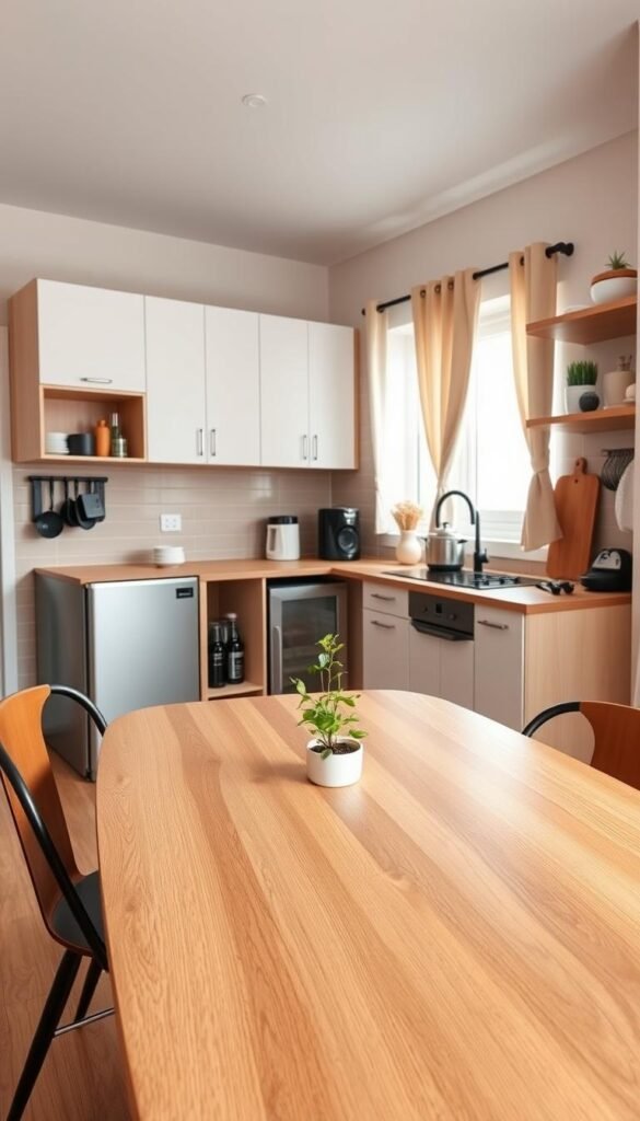 A modern small kitchen design featuring a well-organized space optimized for functionality. In the foreground, a sleek, minimalist wooden dining table with two elegant chairs and a small potted herb in the center. The middle ground showcases an efficient kitchen layout with open shelving, white cabinets, and stainless steel appliances, including a compact refrigerator and a stylish stove. Bright natural light streams through a window adorned with simple curtains, highlighting the clean lines and warm color palette. The background consists of a tasteful arrangement of cooking utensils and decorative accents, creating a cozy yet sophisticated atmosphere. Capture the inviting ambiance of daily cooking in a stylish urban apartment. Mood: warm and welcoming. Brand: GoodHomeFinds.