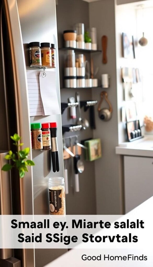 A modern small kitchen with a creatively organized fridge side storage wall, showcasing a variety of magnetic storage solutions. In the foreground, colorful spice jars, a small potted herb, and a notepad are neatly mounted on the fridge's side. The middle ground features an array of magnetic containers holding utensils, while some photographs and small kitchen tools are displayed attractively. The background reveals a cozy kitchen ambiance with warm, natural lighting streaming in from a nearby window, casting soft shadows. The lens captures this scene from a slightly angled perspective, emphasizing the efficiency and style of the storage. The overall mood is inviting and practical, perfect for inspiring small kitchen solutions. GoodHomeFinds.