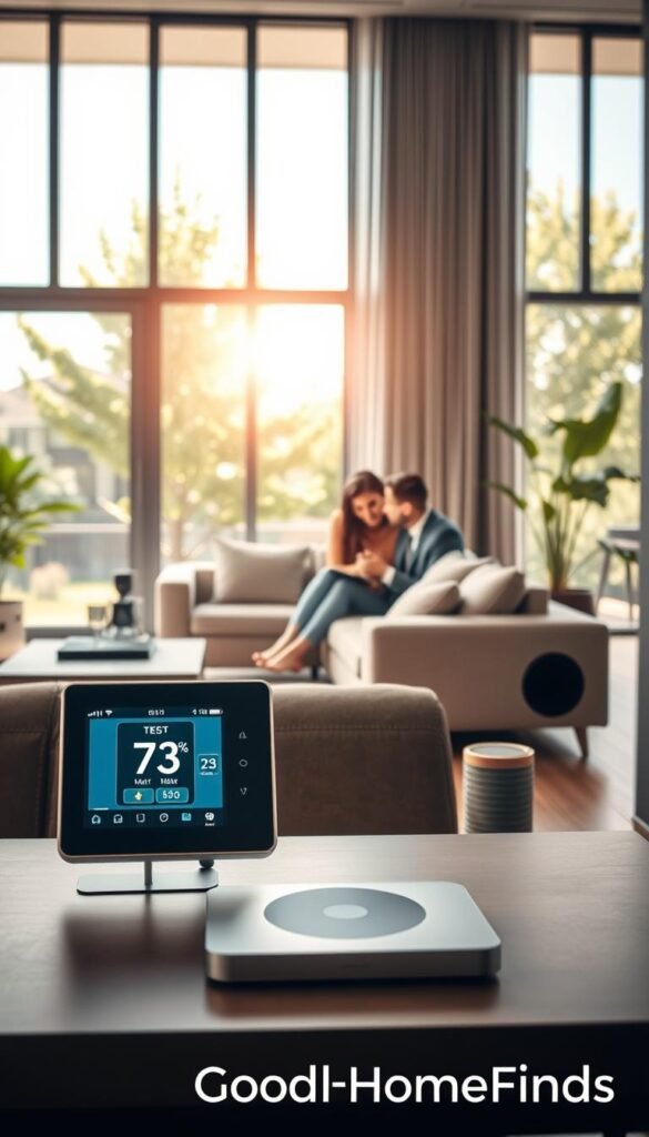 A modern smart apartment interior showcasing advanced safety technology and automation. In the foreground, a sleek living room with a smart thermostat and connected lighting systems, all easily controllable via a minimalist tablet placed on a stylish coffee table. The middle ground features a cozy seating area with a soft, neutral-colored sofa and smart speakers seamlessly integrated into the decor. In the background, large windows reveal a bright, sunny day with lush greenery outside, enhancing the warm and inviting atmosphere. Soft, diffused lighting highlights the harmonious blend of technology and comfort. The scene embodies a sophisticated lifestyle, ideal for safety-conscious residents. Realistic lifestyle elements, such as a well-dressed professional couple interacting with smart devices, add a human touch. The aesthetic should reflect contemporary design, without any text or branding, focusing on the theme of smart home integration for safety. GoodHomeFinds.