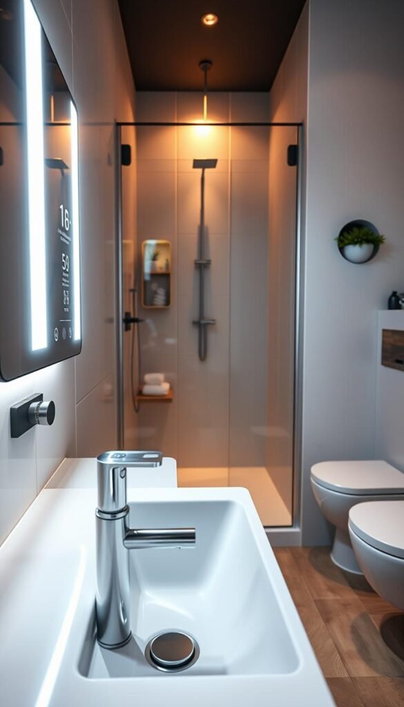A modern smart bathroom designed for small apartments, featuring sleek fixtures and innovative technology. The foreground shows a stylish compact sink with a touchless faucet and a digital mirror displaying smart controls. In the middle, an efficient shower with adjustable water settings and ambient lighting illuminates the space. The background reveals a clean, minimalist aesthetic with smart storage solutions, plants for a touch of nature, and high-tech gadgets, like a smart toilet. The lighting is soft and warm, creating a welcoming atmosphere. The angle is slightly elevated, capturing the whole bathroom while maintaining an intimate feel, reminiscent of Pinterest lifestyle photos. The image should embody sophistication and practicality for contemporary living. GoodHomeFinds. A modern smart bathroom designed for small apartments, featuring sleek fixtures and innovative technology. The foreground shows a stylish compact sink with a touchless faucet and a digital mirror displaying smart controls. In the middle, an efficient shower with adjustable water settings and ambient lighting illuminates the space. The background reveals a clean, minimalist aesthetic with smart storage solutions, plants for a touch of nature, and high-tech gadgets, like a smart toilet. The lighting is soft and warm, creating a welcoming atmosphere. The angle is slightly elevated, capturing the whole bathroom while maintaining an intimate feel, reminiscent of Pinterest lifestyle photos. The image should embody sophistication and practicality for contemporary living. GoodHomeFinds.