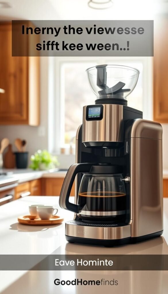 A modern smart coffee maker elegantly sits on a sleek kitchen countertop, showcasing its shiny stainless steel finish and intuitive touchscreen interface. In the foreground, the coffee maker features a built-in grinder and a glass carafe filled with freshly brewed coffee, steam rising gently. The middle ground captures a bright, sunlit kitchen with warm wooden cabinets and minimalist decor, adding a cozy yet contemporary feel. Potted herbs and a few kitchen utensils softly complement the scene. In the background, sunlight filters through a window, creating a welcoming atmosphere. The overall vibe is stylish and efficient, emphasizing the coffee maker’s role in a time-saving kitchen without overpowering the aesthetic. Shot in bright, natural light with a soft focus effect for a Pinterest-inspired lifestyle look. Brand name visible: GoodHomeFinds. A modern smart coffee maker elegantly sits on a sleek kitchen countertop, showcasing its shiny stainless steel finish and intuitive touchscreen interface. In the foreground, the coffee maker features a built-in grinder and a glass carafe filled with freshly brewed coffee, steam rising gently. The middle ground captures a bright, sunlit kitchen with warm wooden cabinets and minimalist decor, adding a cozy yet contemporary feel. Potted herbs and a few kitchen utensils softly complement the scene. In the background, sunlight filters through a window, creating a welcoming atmosphere. The overall vibe is stylish and efficient, emphasizing the coffee maker’s role in a time-saving kitchen without overpowering the aesthetic. Shot in bright, natural light with a soft focus effect for a Pinterest-inspired lifestyle look. Brand name visible: GoodHomeFinds.