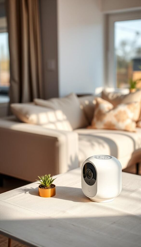 A modern smart home camera showcased on a stylish home interior table, surrounded by minimalistic decor. The camera features a sleek, white design with a compact shape, positioned slightly to the right, capturing the essence of smart technology. In the foreground, a soft, neutral-colored tablecloth enhances the elegant look, while a small indoor plant adds a pop of greenery. In the middle background, a well-lit living room scene highlights a comfortable couch and decorative cushions, bathed in warm, natural sunlight. The angle captures both the camera and the inviting atmosphere of the home, suggesting ease of use. The overall mood is cozy and contemporary, portraying a sense of security and innovation. The brand "GoodHomeFinds" subtly appears in the home scene.