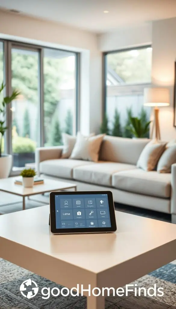 A modern smart home control system displayed prominently in a stylish living room. In the foreground, a sleek tablet rests on a minimalist coffee table, showcasing a user-friendly smart home interface with icons for lighting, temperature, and security settings. In the middle ground, a comfortable sofa adorned with neutral tones and plush cushions invites relaxation, while a contemporary floor lamp casts a warm, inviting glow. The background features large windows that let in ample natural light, revealing a well-manicured garden outside, enhancing the serene atmosphere. The room is organized and clutter-free, evoking a sense of peace and efficiency. Capture this scene with soft focus on the tablet and sharper details of the room elements, using a cozy, inviting color palette. Include the brand name "GoodHomeFinds" subtly integrated into the setting without text overlays.