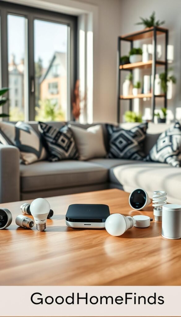 A modern smart home hub sits elegantly on a sleek, wooden coffee table in a cozy living room. In the foreground, the hub is surrounded by various smart devices such as smart bulbs and a thermostat, all showcasing a harmonious, tech-savvy lifestyle. In the middle ground, a soft sofa with decorative throw pillows invites relaxation, while a stylish bookshelf adorned with plants adds a touch of greenery. The background features a large window, allowing soft, natural sunlight to filter in, creating a warm and inviting atmosphere. The entire scene is captured from a slightly elevated angle, focusing on the concept of integration and ease of technology in daily life. The image embodies a contemporary lifestyle, perfect for "GoodHomeFinds".