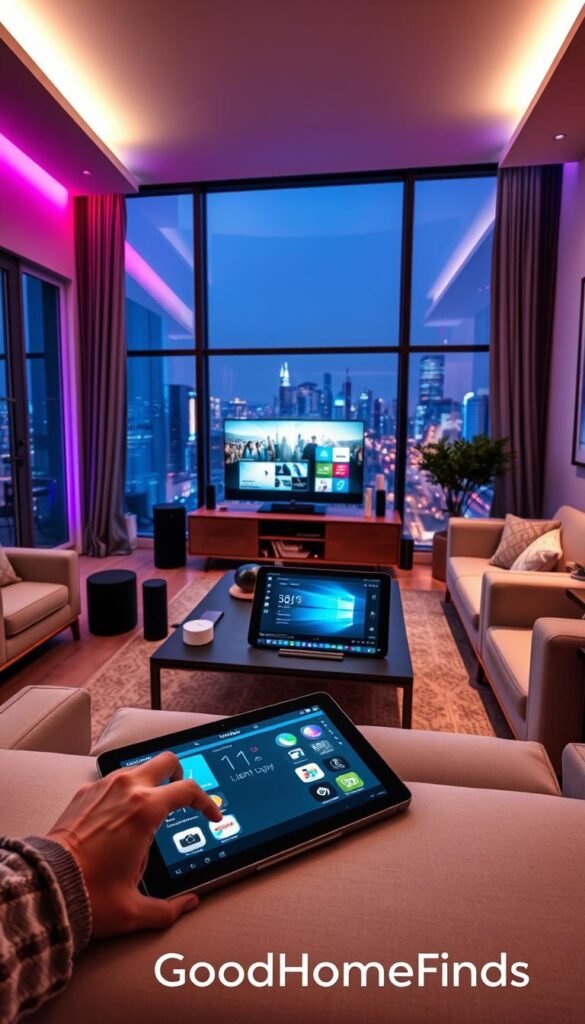 A modern smart home interior featuring a cozy yet high-tech living room showcasing multiple smart devices. In the foreground, a sleek tablet controls various systems such as lighting and temperature, placed on a stylish coffee table surrounded by comfortable seating. The middle ground includes a smart TV displaying a streaming service interface, while smart speakers are discreetly placed. The walls are adorned with ambient lighting that shifts colors, creating a warm and inviting atmosphere. In the background, large windows let in natural light, revealing a bustling cityscape. Soft shadows enhance the scene, captured with a wide-angle lens to convey space and detail. The overall mood is harmonious and efficient, emphasizing a lifestyle that integrates technology seamlessly. This lifestyle photo embodies the brand "GoodHomeFinds," showcasing practical tech in everyday life. A modern smart home interior featuring a cozy yet high-tech living room showcasing multiple smart devices. In the foreground, a sleek tablet controls various systems such as lighting and temperature, placed on a stylish coffee table surrounded by comfortable seating. The middle ground includes a smart TV displaying a streaming service interface, while smart speakers are discreetly placed. The walls are adorned with ambient lighting that shifts colors, creating a warm and inviting atmosphere. In the background, large windows let in natural light, revealing a bustling cityscape. Soft shadows enhance the scene, captured with a wide-angle lens to convey space and detail. The overall mood is harmonious and efficient, emphasizing a lifestyle that integrates technology seamlessly. This lifestyle photo embodies the brand "GoodHomeFinds," showcasing practical tech in everyday life.