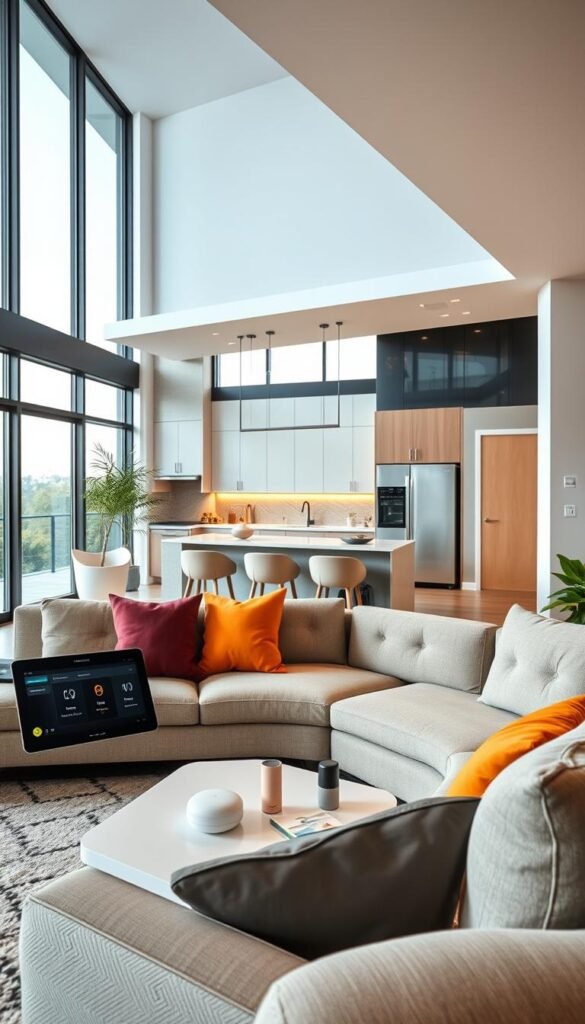 A modern smart home interior featuring an open-plan living area with sleek furniture, smart devices like a touchscreen control panel, smart lighting, and energy-efficient appliances. In the foreground, a stylish couch with a neutral color palette is adorned with vibrant cushions, while a coffee table showcases smart home gadgets. In the middle, a kitchen seamlessly integrates smart technology, with a smart fridge and voice-activated light fixtures. The background reveals large windows allowing natural light to flood in, creating a warm and inviting atmosphere. The setting exudes a contemporary, minimalist aesthetic, with soft lighting that emphasizes the smart technology elements. The overall mood is sophisticated yet approachable. Capture this serene lifestyle image for "GoodHomeFinds" without any text or overlays.