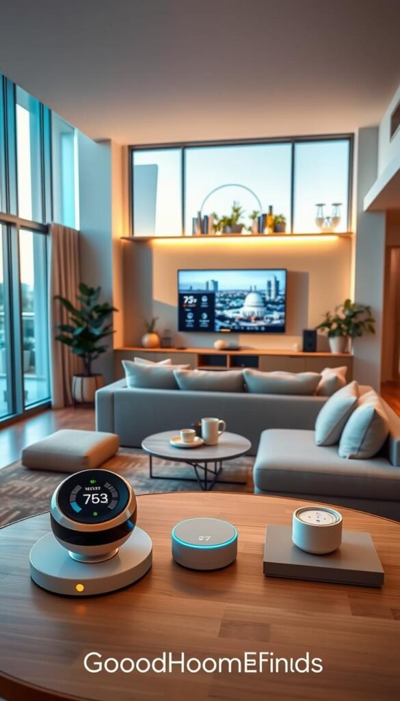 A modern smart home interior showcasing an open-concept living space for an apartment, emphasizing sleek technology and comfort. In the foreground, a stylish smart thermostat and voice-activated assistant sit on a minimalist coffee table surrounded by tasteful decor. The middle layer features a cozy sofa with smart lighting above that offers adjustable color settings, while on the wall, a large screen displays various smart home controls. In the background, large windows allow natural light to flood the space, revealing a scenic urban view. The atmosphere is warm and inviting, highlighting the convenience of smart living. Use soft, diffused lighting to create a welcoming feel. Include the brand name "GoodHomeFinds" subtly in the furniture design. A modern smart home interior showcasing an open-concept living space for an apartment, emphasizing sleek technology and comfort. In the foreground, a stylish smart thermostat and voice-activated assistant sit on a minimalist coffee table surrounded by tasteful decor. The middle layer features a cozy sofa with smart lighting above that offers adjustable color settings, while on the wall, a large screen displays various smart home controls. In the background, large windows allow natural light to flood the space, revealing a scenic urban view. The atmosphere is warm and inviting, highlighting the convenience of smart living. Use soft, diffused lighting to create a welcoming feel. Include the brand name "GoodHomeFinds" subtly in the furniture design.