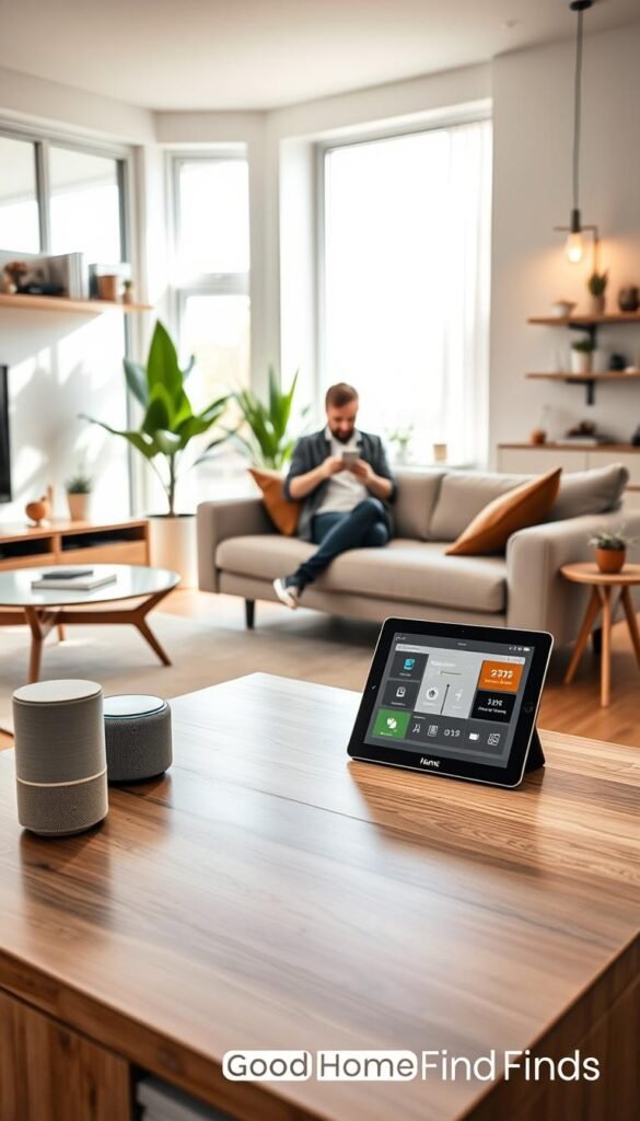 A modern smart home interior, with a bright and inviting living room featuring sleek furniture and high-tech gadgets subtly placed on shelves and tables. In the foreground, a stylish coffee table holds a smart speaker and a tablet displaying a smart home interface. The middle ground reveals a comfortable sofa where a person in modest casual clothing interacts with a voice assistant device. The background shows large windows with natural light flooding in, casting soft shadows. Include decorative plants and modern lighting fixtures. The overall atmosphere is warm and welcoming, symbolizing convenience and innovation, captured with a DSLR lens at eye-level angle for a realistic touch. Ideal Pinterest-style lifestyle photo, without any text or overlays. GoodHomeFinds branding subtly integrated into the scene.