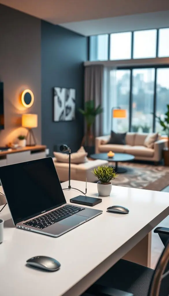 A modern smart home office setup, focusing on a sleek workspace featuring a stylish desk with a high-end laptop, wireless keyboard and mouse, and minimalist desk accessories. In the foreground, there should be a comfortable ergonomic chair and a small indoor plant for a touch of nature. The middle layer showcases a cozy living area with smart lighting, a wall-mounted digital assistant device, and a soft sofa, creating an inviting atmosphere. In the background, large windows allow natural light to flood the space, highlighting the harmony between technology and comfort. Employ warm lighting to enhance the inviting mood, captured with a slight bokeh effect for depth. The scene reflects the brand "GoodHomeFinds", emphasizing elegance and functionality for remote work without overcomplication.