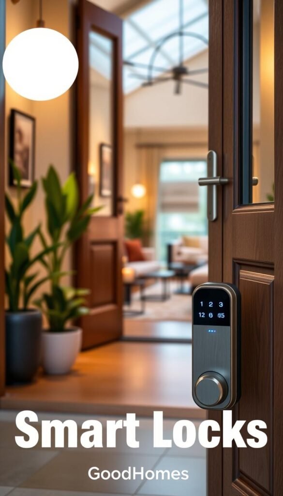 A modern smart lock sits prominently in the foreground, featuring a sleek, brushed metal finish with a digital keypad and a glowing LED indicator. The lock is positioned on a stylish wooden front door, showcasing its integration into a contemporary home. In the middle ground, a welcoming entryway is visible, adorned with minimalistic decor, lush green potted plants, and ambient lighting that highlights the inviting atmosphere. The background reveals a cozy living room through a partially open door, filled with warm light and modern furnishings, conveying a sense of security and ease. The overall mood is warm and inviting, reflecting a high-tech, convenient lifestyle. The image is designed to highlight the innovative features of smart locks, capturing their appeal for contemporary homeowners. GoodHomeFinds.
