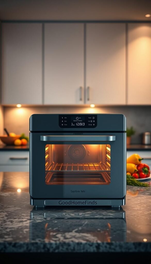 A modern smart oven by GoodHomeFinds, positioned on a stylish kitchen countertop with sleek granite surfaces. In the foreground, the oven features a digital touchscreen interface illuminated with soft, warm lighting. The middle ground includes a variety of fresh ingredients like colorful vegetables and herbs, arranged artfully around the oven, suggesting a cooking scene. In the background, contemporary kitchen cabinetry showcases a minimalist design, complemented by soft recessed lighting that creates an inviting atmosphere. The overall mood is warm and inviting, conveying the ease of &ldquo;set it and forget it&rdquo; cooking. Capture this scene at a slight angle for a dynamic perspective, utilizing a soft-focus lens to highlight the smart oven's features while keeping the background slightly blurred, enhancing the focal point on the oven.