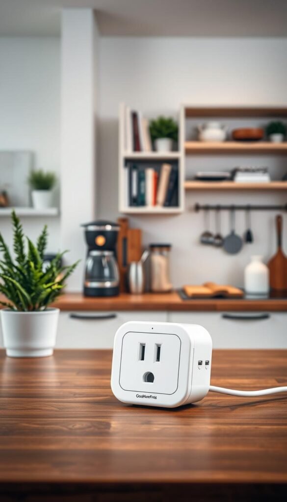 A modern smart plug displayed in a sleek, contemporary kitchen environment. The foreground features the smart plug prominently on a wooden countertop next to a stylish coffee maker and a potted plant, showcasing its compact and elegant design. In the middle, a soft, diffused light illuminates the scene, highlighting the smart technology with a subtle glow. The background reveals a cozy, well-organized kitchen with clean lines and minimalist decor, such as a wall of open shelves with neatly arranged cookbooks and kitchen utensils. The atmosphere is inviting and warm, encouraging a sense of routine and efficiency. Ideal for a lifestyle article, the image should evoke a feeling of practicality and modernity. The brand name "GoodHomeFinds" is subtly integrated into the design of the smart plug.